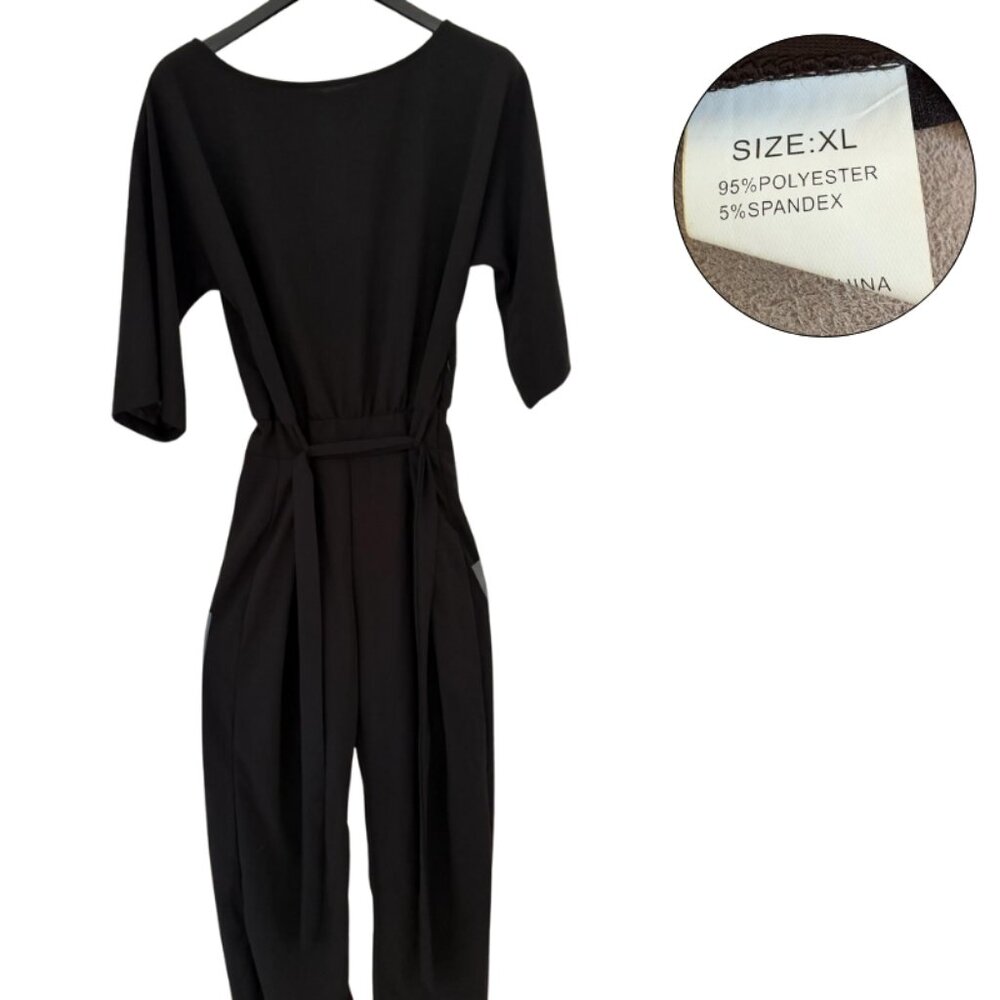 Women’s Black XL Jumpsuit Tie Waist Stretch 3/4 Sleeve Wide Leg One Piece